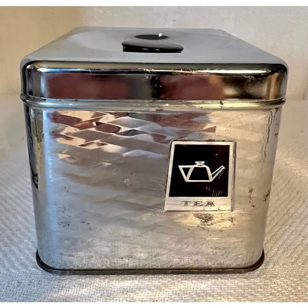 Vintage 4 Piece MCM Chrome/Black Wavy Diamond Textured Canister Set READ